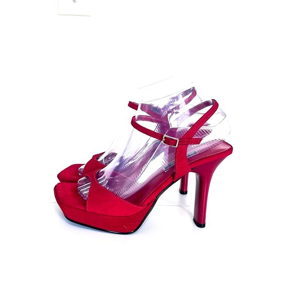 Vintage 90s Y2K Bakers Suede Heels Size 7.5B Red Platform Retro Square Open Toe - Picture 3 of 10